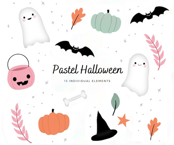 Handpainted Halloween clipart - Spooky clipart - haunted - pastel halloween clipart - pastel pumpkins - jack-o-lantern - ghosts - witch hat