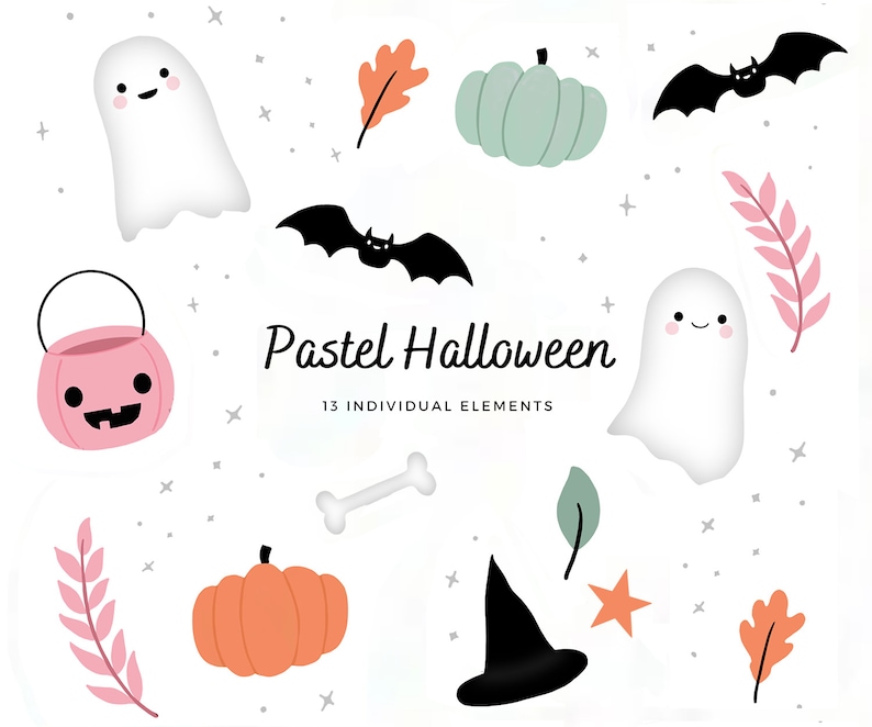 Pu&ograve; includere: Set di clipart di Halloween pastello con 13 elementi individuali tra cui fantasmi, pipistrelli, zucche, foglie, un cappello da strega, un secchiello per caramelle e un osso.