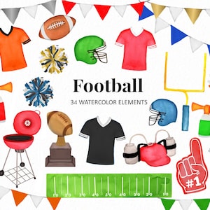 Handpainted Football clipart - tailgate clipart - balls - gym clipart - football jersey trophy pom pom bbq grill -  download - Commercial
