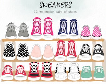 Watercolor Sneakers - shoes clip art - sneakers clip art - running shoes clipart - converse clipart - instant download - Commercial Use