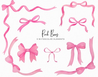 Handpainted Pink Watercolor Bow Clipart – 9 PNG Graphics (Commercial Use)