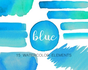May include: A set of 15 blue watercolor elements, including circles, stripes, and abstract shapes. The word "blue" is written in white script on a blue circle.
