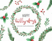 Watercolor Holly Clipart - Winter Wreath Clipart - Christmas Clipart - Holiday clipart - holiday wreaths - instant download - Commercial Use