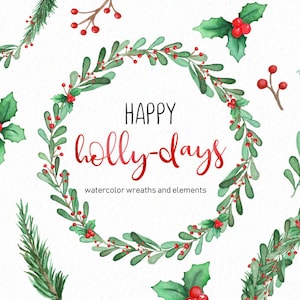 Watercolor Holly Clipart - Winter Wreath Clipart - Christmas Clipart - Holiday clipart - holiday wreaths - instant download - Commercial Use