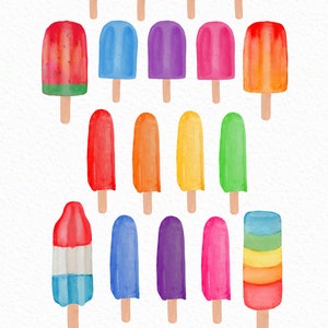 May include: 21 watercolor illustrations of popsicles in various colors and flavors, including watermelon, rainbow, chocolate, and blue raspberry. Popsicles.