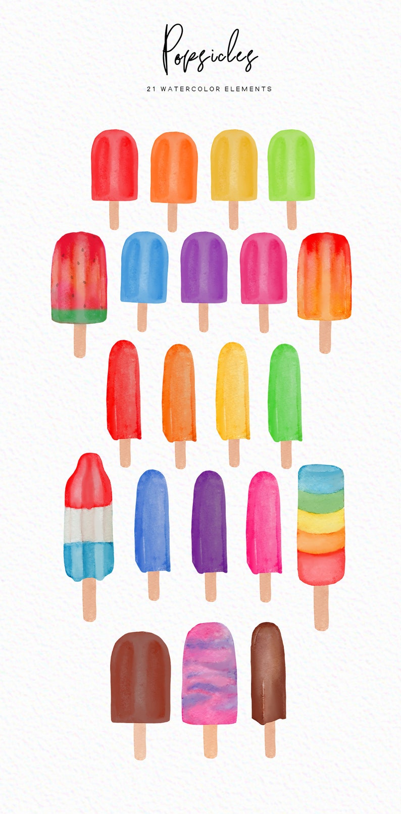 May include: 21 watercolor illustrations of popsicles in various colors and flavors, including watermelon, rainbow, chocolate, and blue raspberry. Popsicles.