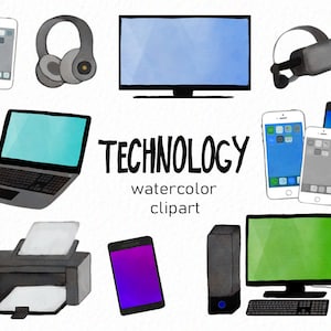 Handpainted Technology clipart - Watercolor technology - phone clipart  - computer tv clipart - headphone tablet - instant- Commercial