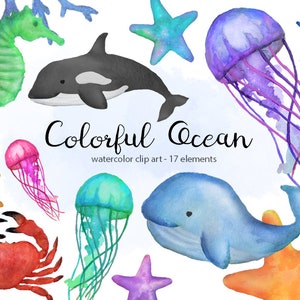 Colorful Ocean - ocean clipart - watercolor ocean clipart- sea clip art - watercolor whales - jellyfish - instant download - Commercial Use