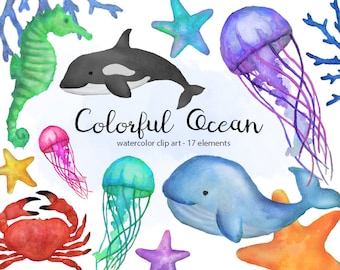 May include: Watercolor clip art featuring 17 colorful ocean elements, including a green seahorse, a black and white orca, a blue whale, a red crab, a purple jellyfish, a green jellyfish, a pink jellyfish, and five starfish.
