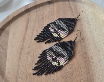 Halloween bat bead earrings|fall boho bead earrings|spooky fringe bead earrings|bead earrings|moon bead earrings|modern bead earrings