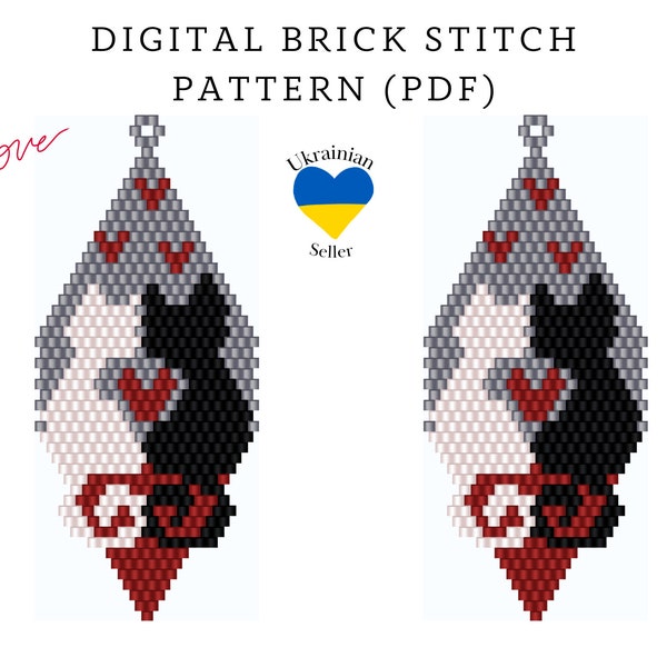 St Valentines Day love cats bead earrings pattern pdf|brick stitch seed bead digital pattern|bead earring|love pattern download|peyote schem