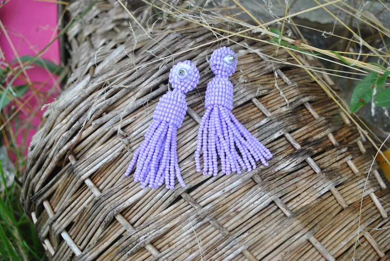 Oscar de la Rent\u0430 earrings,long beaded tassels,SILVER stud 925 beaded earrings,beaded tassel earrings Long lilac beaded tassel clips