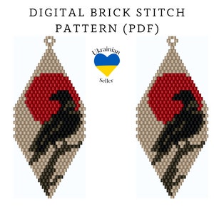 Raven bead earrings pattern pdf|brick stitch seed bead digital pattern|Chinese bead earring|pdf bird pattern download|red moon peyote scheme