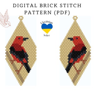 Red bird bead earrings pattern pdf|brick stitch seed bead digital pattern|Chinese bead earring|pdf bird pattern download|red peyote scheme