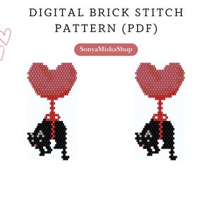 Valentines Day cat with heart balloon bead earrings pattern pdf |love brick stitch seed bead digital pattern|black cat bead earrings pattern