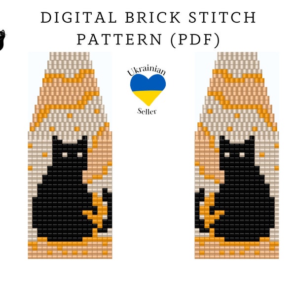 Black cat bead earrings pattern pdf|brick stitch seed bead digital pattern|Halloween bead earring|pdf pattern download|pumpkin peyote scheme