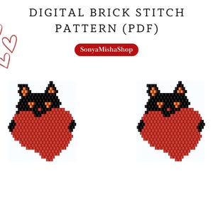Valentines Day cat with heart bead earrings pattern pdf |love brick stitch seed bead digital pattern|black cat bead earring pattern download