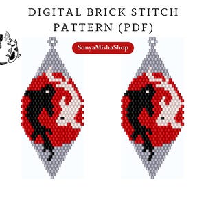 Yin Yang koi bead earrings pattern pdf|brick stitch seed bead digital pattern|bead earring|pdf bird pattern download|red moon peyote scheme