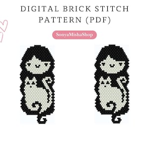 Meisje en kat kralenoorbellen patroon pdf | kattendame steensteek rocaille digitaal patroon | liefdeskraalpatroon downloaden | pet-peyote-schema