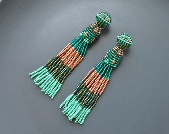 Long eye green emerald bronze earrings,long beaded tassel earrings beaded geometric clips earrings,gift christmas for her|boho earrings