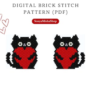 Valentines Day cat with heart bead earrings pattern pdf |love brick stitch seed bead digital pattern|black cat bead earring pattern download