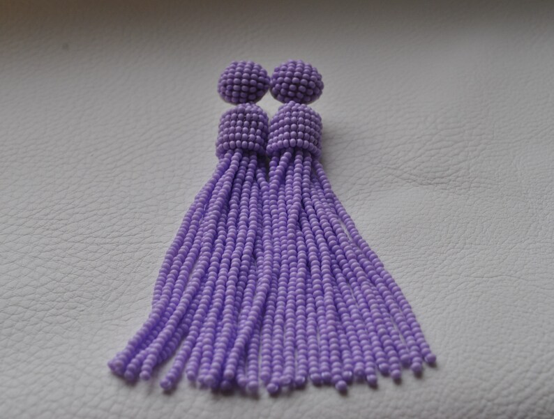 Oscar de la Rent\u0430 earrings,long beaded tassels,SILVER stud 925 beaded earrings,beaded tassel earrings Long lilac beaded tassel clips