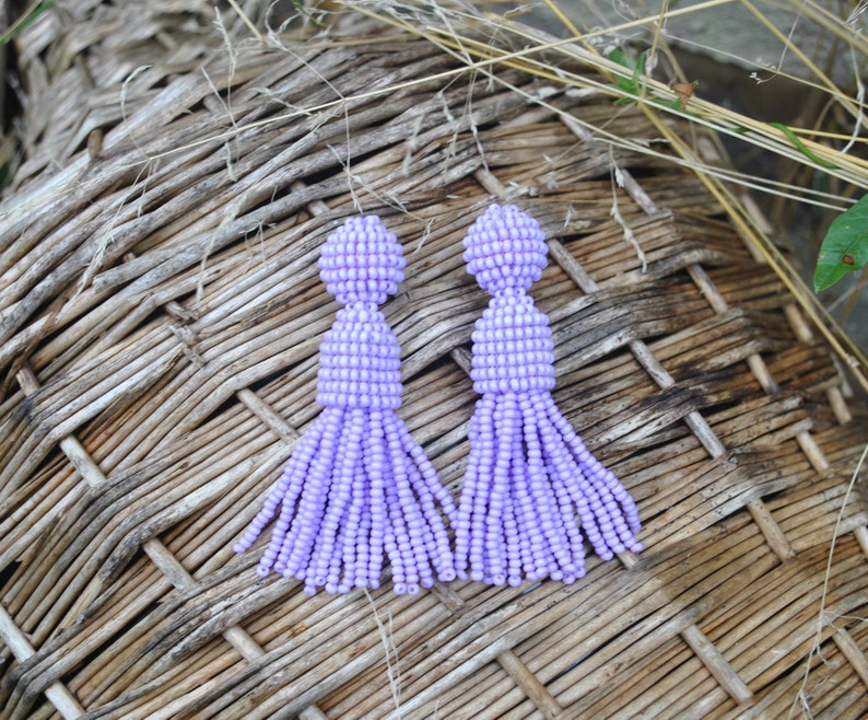 Oscar de la Rent\u0430 earrings,long beaded tassels,SILVER stud 925 beaded earrings,beaded tassel earrings Long lilac beaded tassel clips