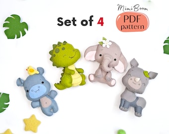 Jungle Animals Pattern SET of 4 - PDF Sewing Guide Safari Toys - Elephant Hippo Rhino Crocodile Plush - DIY Felt Craft Doll Tutorial