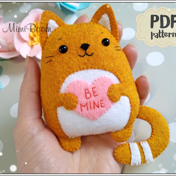 Felt cat pattern Valentines day pattern Kitten pattern Valentines day sewing pattern PDF Easy pattern cat Valentines decor pattern Kitty