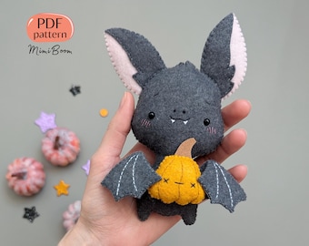 Padrão de morcego fofo padrão de enfeite de Halloween em feltro PDF Tutorial de costura de pelúcia de Halloween Artesanato fofo assustador Download digital Costura de brinquedo