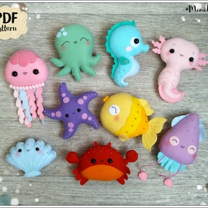 Sea Animals Felt pattern PDF - Set of 9 Ocean Toys Hand Sewing Guide - Sealife Ornaments Seahorse Crab Starfish Octopus DIY Project