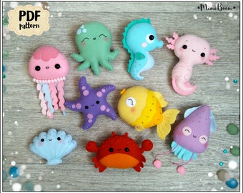 Felt pattern fish Cute ornament seahorse sewing pattern Kawaii octopus PDF pattern Felt doll pattern Ocean pattern Easy pattern PDF