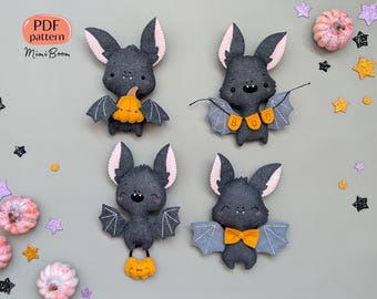 Padrão de enfeite de morcego de feltro para Halloween: conjunto de 4 pelúcias assustadoras, tutorial de costura em PDF