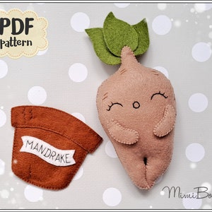 May include: A felt Mandrake plush toy with a green leafy top and a brown felt pot with the word "MANDRAKE" on it. The Mandrake has a smiling face with closed eyes and arms.