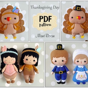 Cute Thanksgiving felt Patterns set - PDF Sewing tutorial - Turkey softie craft guide - DIY Fall ornaments -Autumn pilgrims dolls