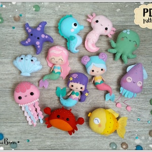 Felt Pattern PDF Mermaid and Friends - Set of 12 Ocean Felt Plush Sewing Guide - Sealife Ornament DIY Project - Felt Craft Digital Pattern