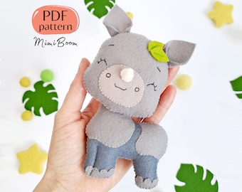 Padrão de feltro Rinoceronte - Padrão de feltro Rinoceronte - Padrão de rinoceronte PDF - Padrão de feltro Animais da selva - Padrão de animais africanos - Padrão de brinquedo de rinoceronte