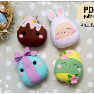 Patrón de huevos de Pascua 4 Huevos de Pascua Patrón PDF Lindo patrón de huevos de Pascua fieltro Adornos de Pascua patrón de costura Patrón de fieltro de huevo de Pascua Kawaii