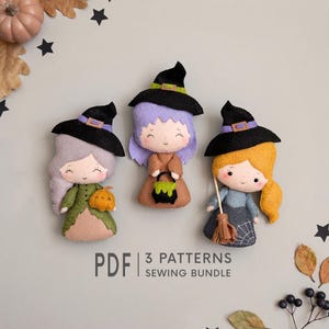 May include: Three felt witch dolls with black hats, each featuring distinct hair colors of lavender, light purple, and orange. The dolls hold a pumpkin, a green cauldron, and a broomstick. Text at the bottom reads PDF 3 PATTERNS SEWING BUNDLE.