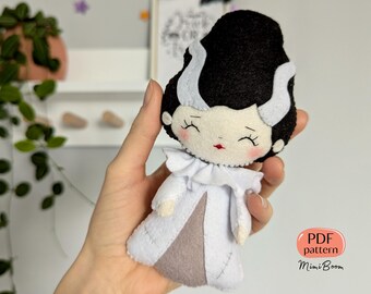 Linda senhora Frankenstein Bride PATTERN enfeite de feltro para Halloween Noiva morta Fácil DIY Artesanato fofo e assustador para Halloween Tutorial de costura digital