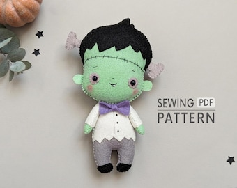 May include: A felt doll shaped like a green-skinned monster with black hair, a purple bow tie, a white shirt, and gray pants. The doll features stitched details and bolts on the sides of the head. Text reads SEWING PDF PATTERN.