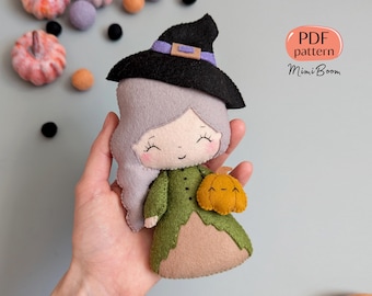 Padrão de bruxa fofa feltro Padrão de Halloween Padrão de enfeite de bruxa feltro Padrão de boneca de bruxa Padrão de pelúcia de Halloween Padrão mágico feltro