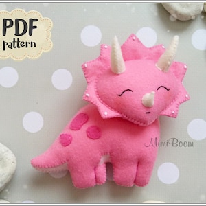 Cute dinosaur Felt pattern - Dino Sewing PDF tutorial - Cute Triceratops ornament step by step Guide - DIY felt crafts