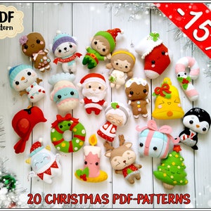 Felt Christmas PDF patterns SET of 20 - Cute Christmas Ornaments Sewing tutorial - DIY Kawaii Plush Toy - Hand Sewn Step by step Easy Guide