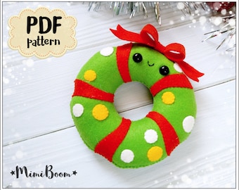 Patrón navideño fieltro corona navideña patrón PDF corona adornos navideños patrón corona de fieltro tutorial de costura adornos navideños DIY