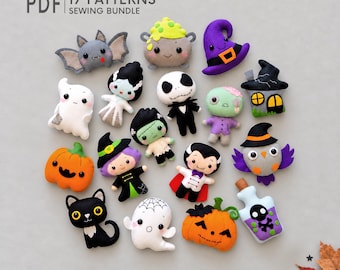 May include: A collection of 17 felt Halloween-themed plush ornaments including a bat, cauldron, witch hat, ghost, pumpkin, black cat, skull potion bottle, and various character figures. The text PDF 17 PATTERNS SEWING BUNDLE is visible.