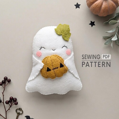 Ghost Felt Sewing Pattern PDF - Cute Halloween Ornament with Pumpkin, DIY Fall Decor Tutorial