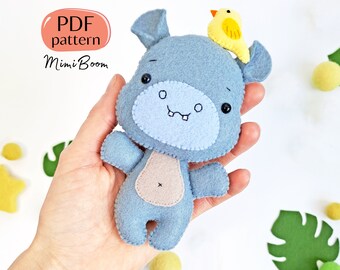 Padrão de feltro de hipopótamo em PDF - Ornamento de animais da selva - Tutorial de costura de brinquedo de safári - Artesanato de feltro faça você mesmo com animais africanos