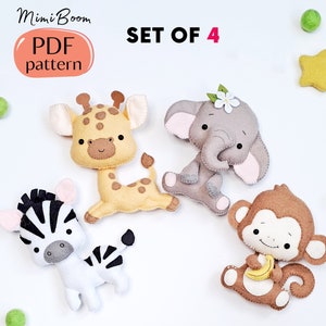 May include: A set of four felt animal patterns for sewing. The patterns include a giraffe, elephant, zebra, and monkey. The patterns are in PDF format and are available for download.  "Mimi Boom PDF pattern" and "SET OF 4" are written on the image.