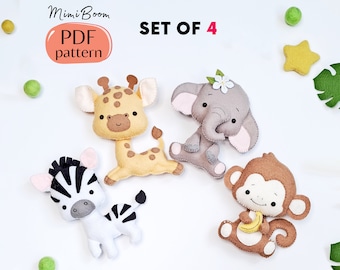 Padrão de feltro Animais CONJUNTO de 4 - Padrão de feltro Macaco - Padrão de feltro Elefante - Padrão de zebra feltro - Padrão de feltro Girafa - Animais da selva